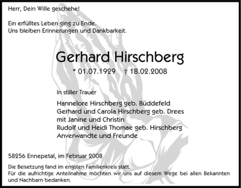  Traueranzeige für Gerhard Hirschberg vom 26.02.2008 aus Tageszeitung