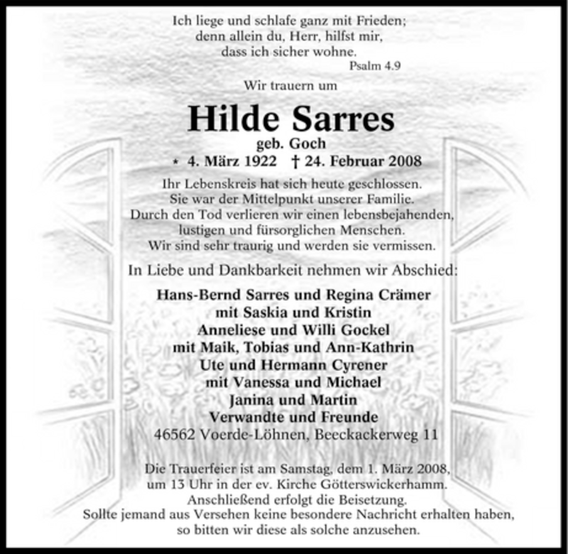  Traueranzeige für Hilde Sarres vom 26.02.2008 aus Tageszeitung