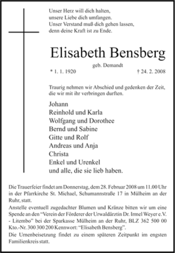  Traueranzeige für Elisabeth Bensberg vom 26.02.2008 aus Tageszeitung