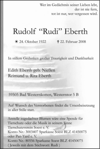 Traueranzeige von Rudolf Eberth von Tageszeitung