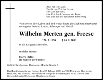 Traueranzeige von Wilhelm Merten von Tageszeitung
