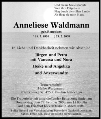 Traueranzeige von Anneliese Waldmann von Tageszeitung