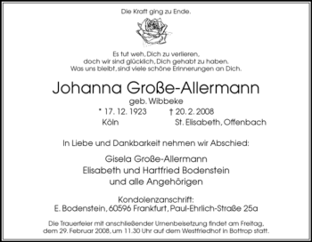 Traueranzeige von Johanna Große-Allermann von Tageszeitung