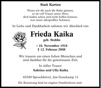 Traueranzeige von Frieda Kaika von Tageszeitung