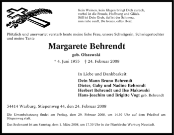 Traueranzeige von Margarete Behrendt von Tageszeitung