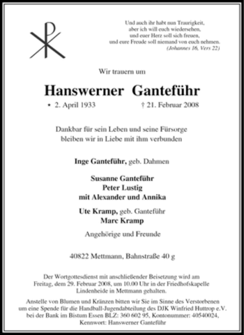 Traueranzeige von Hanswerner Ganteführ von Tageszeitung