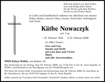 Traueranzeige von Käthe Nowaczyk von Tageszeitung