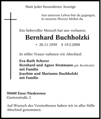 Traueranzeige von Bernhard Buchholzki von Tageszeitung