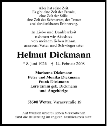 Traueranzeige von Helmut Dickmann von Tageszeitung