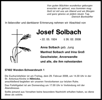 Traueranzeige von Josef Solbach von Tageszeitung