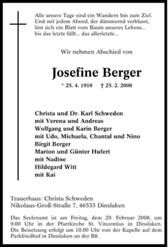 Traueranzeige für Josefine Berger vom 27.02.2008 aus Tageszeitung