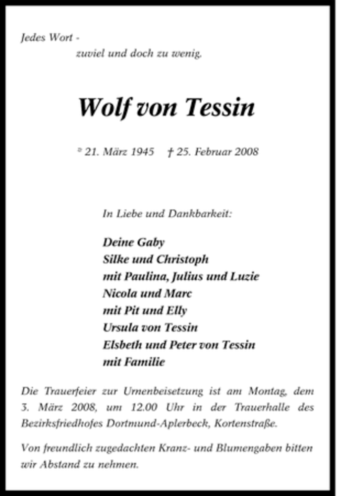  Traueranzeige für Wolf von Tessin vom 27.02.2008 aus Tageszeitung