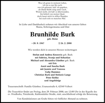 Traueranzeige von Brunhilde Burk von Tageszeitung