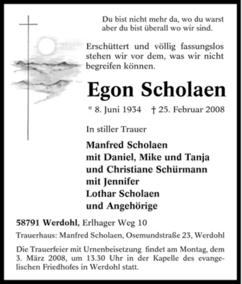 Traueranzeige von Egon Scholaen von Tageszeitung