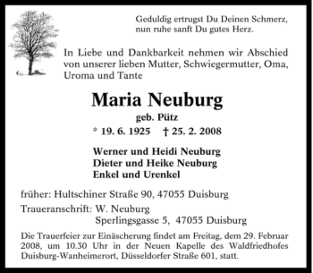 Traueranzeige von Maria Neuburg von Tageszeitung