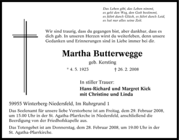 Traueranzeige von Martha Butterwegge von Tageszeitung