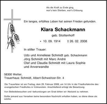 Traueranzeige von Klara Schackmann von Tageszeitung
