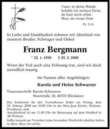 Traueranzeige von Franz Bergmann von Tageszeitung