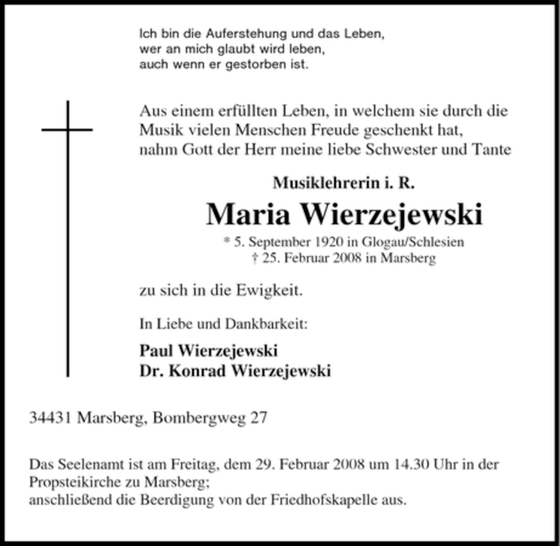 Traueranzeige für Maria Wierzejewski vom 27.02.2008 aus Tageszeitung