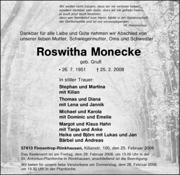 Traueranzeige von Roswitha Monecke von Tageszeitung