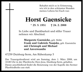 Traueranzeige von Horst Gaensicke von Tageszeitung
