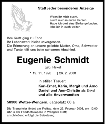 Traueranzeige von Eugenie Schmidt von Tageszeitung