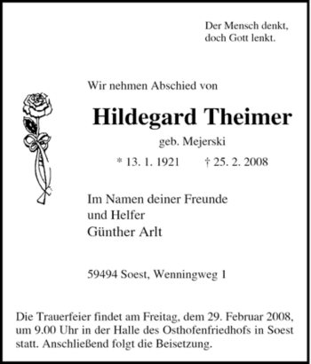 Traueranzeige von Hildegard Theimer von Tageszeitung