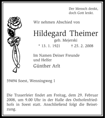 Traueranzeige von Hildegard Theimer von Tageszeitung