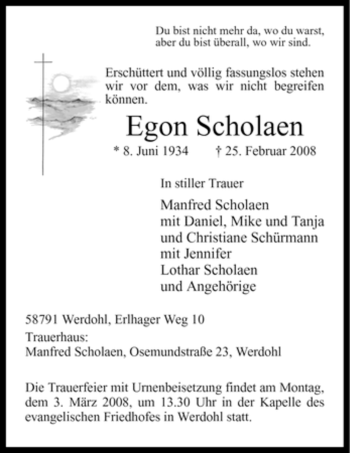 Traueranzeige von Egon Scholaen von Tageszeitung