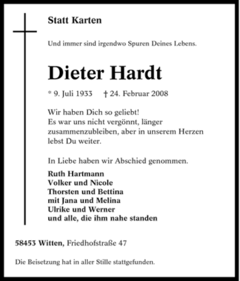 Traueranzeige von Dieter Hardt von Tageszeitung