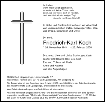 Traueranzeige von Friedrich-Karl Koch von Tageszeitung