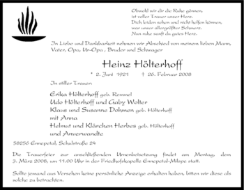 Traueranzeige von Heinz Hölterhoff von Tageszeitung