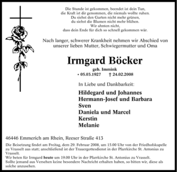 Traueranzeige von Irmgard Böcker von Tageszeitung