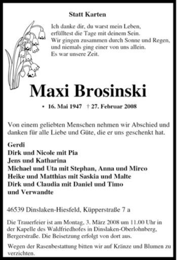 Traueranzeige von Maxi Brosinski von Tageszeitung