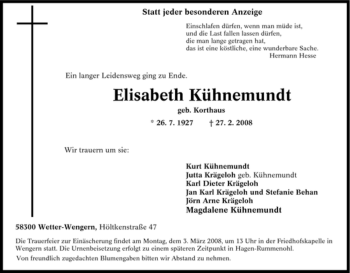 Traueranzeige von Elisabeth Kühnemundt von Tageszeitung