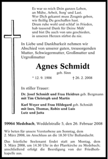 Traueranzeige von Agnes Schmidt von Tageszeitung