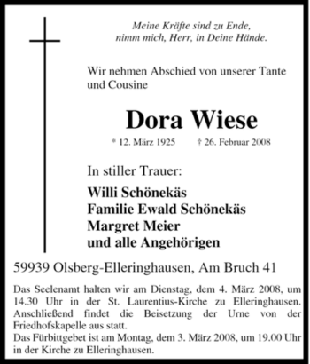 Traueranzeige von Dora Wiese von Tageszeitung