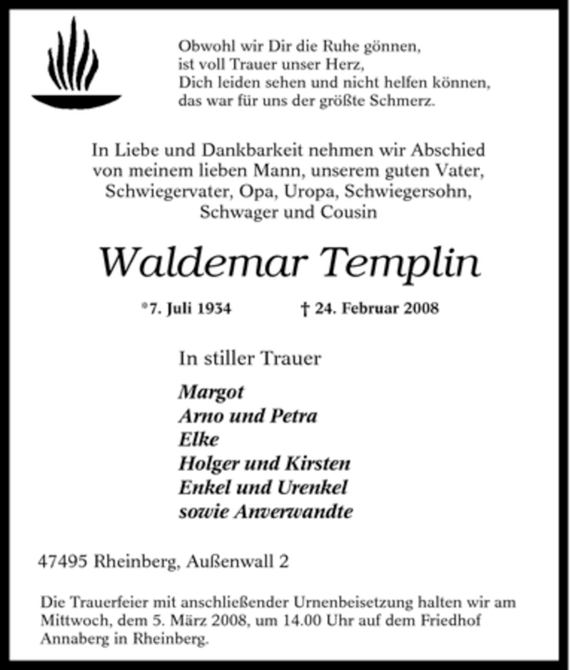  Traueranzeige für Waldemar Templin vom 28.02.2008 aus Tageszeitung