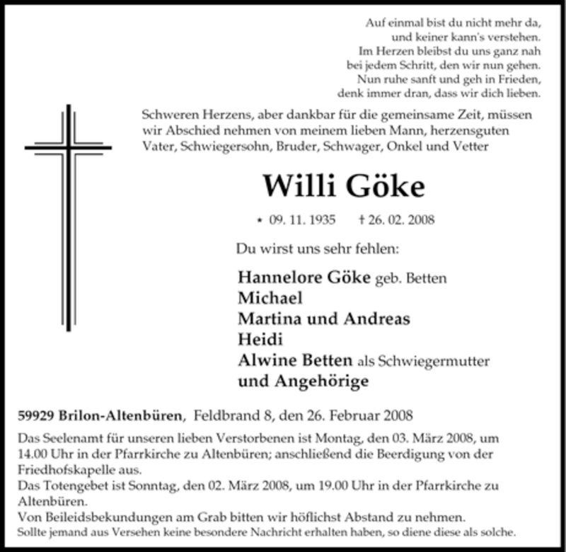  Traueranzeige für Willi Göke vom 28.02.2008 aus Tageszeitung