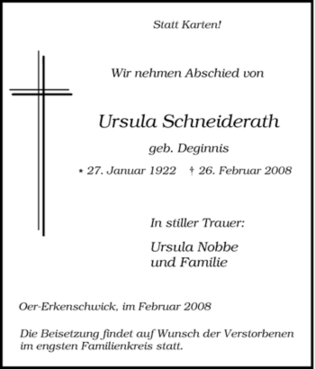 Traueranzeige von Ursula Schneiderath von Tageszeitung