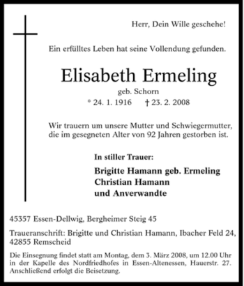 Traueranzeige von Elisabeth Ermeling von Tageszeitung