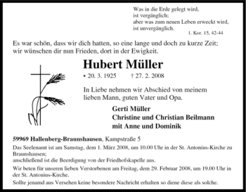 Traueranzeige von Hubert Müller von Tageszeitung