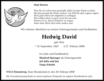 Traueranzeige von Hedwig David von Tageszeitung