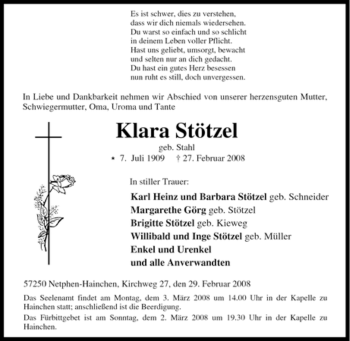 Traueranzeige von Klara Stötzel von Tageszeitung