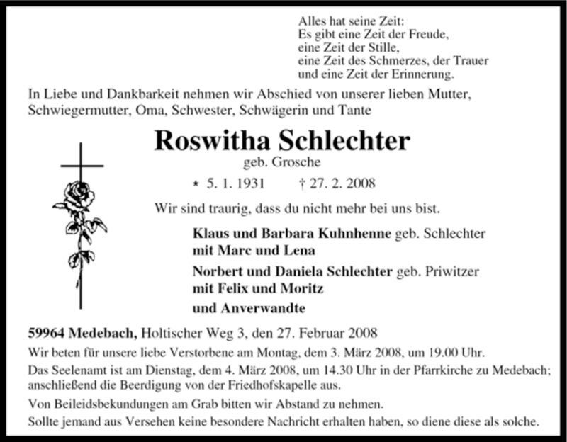  Traueranzeige für Roswitha Schlechter vom 29.02.2008 aus Tageszeitung