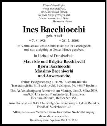 Traueranzeige von Ines Bacchiocchi von Tageszeitung