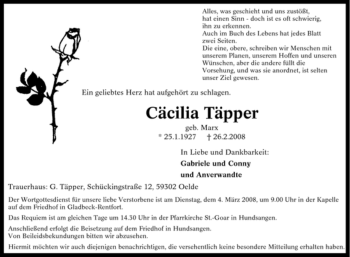 Traueranzeige von Cäcilia Täpper von Tageszeitung