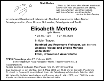 Traueranzeige von Elisabeth Mertens von Tageszeitung