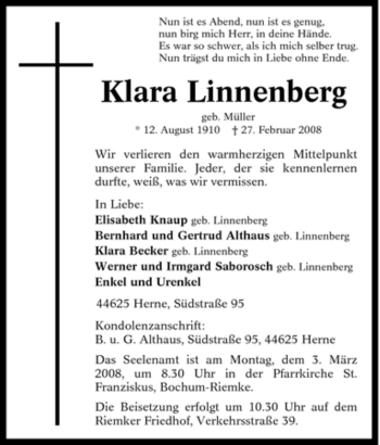 Traueranzeige von Klara Linnenberg von Tageszeitung