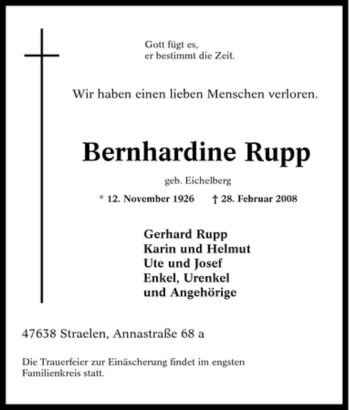 Traueranzeige von Bernhardine Rupp von Tageszeitung